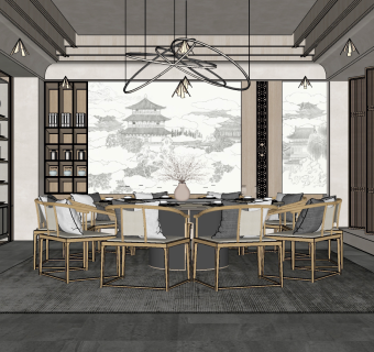 新中式餐厅，包间，包房，圆形茶桌椅su草图模型下载