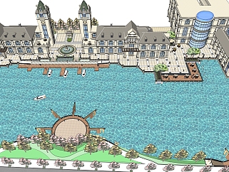 欧式法式滨湖商业街景，别墅酒店su草图模型下载