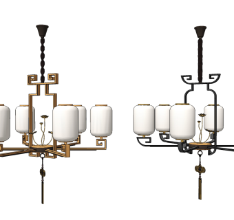 新中式多头灯笼吊灯su草图模型下载