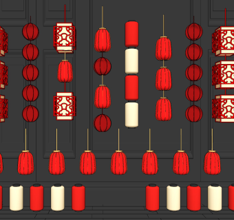 新中式红色灯笼吊灯组合su草图模型下载