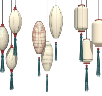 新中式流苏小灯笼吊灯su草图模型下载