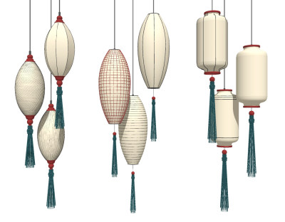 新中式流苏小灯笼吊灯su草图模型下载