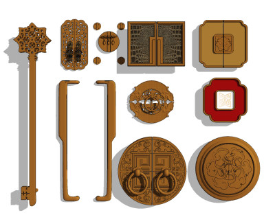 中式金属雕花门把手门拉手su草图模型下载