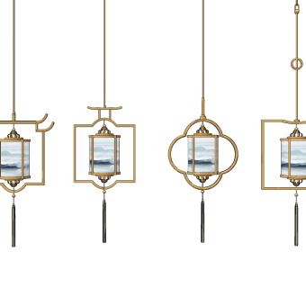 新中式金属灯笼小吊灯su草图模型下载