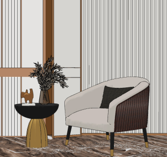 现代布艺休闲椅圆形边几,su草图模型下载