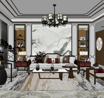 新中式样板间客厅su草图模型下载