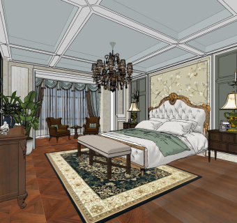 欧式美式法式古典雕花主卧室su草图模型下载