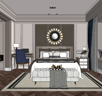 简欧式美式，卧室su草图模型下载