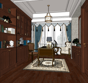 欧式古典书房su草图模型下载