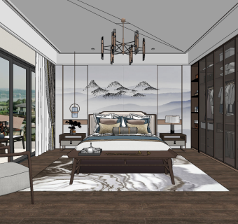 新中式卧室主人房su草图模型下载