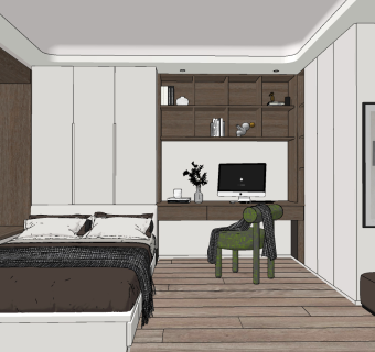 现代loft榻榻米卧室su草图模型下载