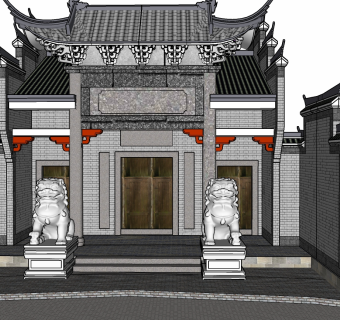 中式古建祠堂su草图模型下载