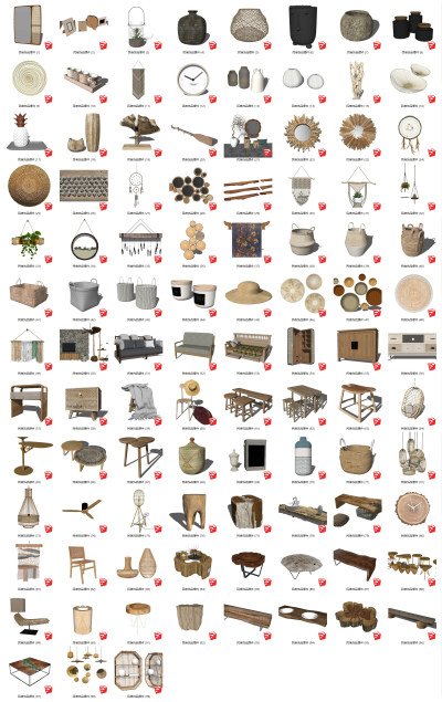 01现代民宿饰品摆件藤编娄、 草帽、墙饰、挂钟、桌椅 、沙发 、茶几、洗手台、摇椅、藤编坐垫 (1)su草图模型下载