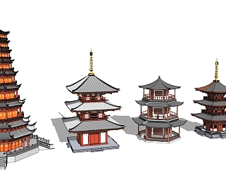 中式古建筑塔楼寺庙建筑，古塔su草图模型下载