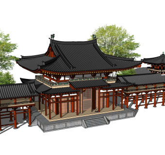08新中式古建筑亭子观景台连廊su草图模型下载