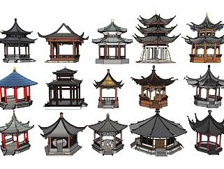 中式古典古建景观亭廊亭子su草图模型下载