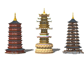 中式古建塔楼佛塔，莲花台su草图模型下载