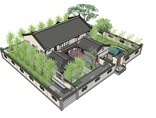 16中式古建四合院，院墙围墙， (1)su草图模型下载