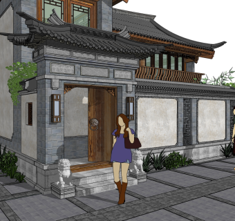 18中式古建四合院院墙门头大门，入口大门 (1)su草图模型下载