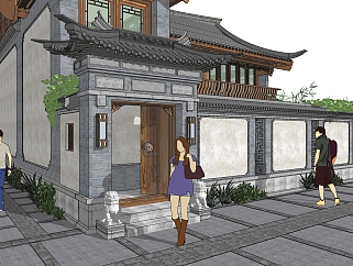 18中式古建四合院院墙门头大门，入口大门 (1)su草图模型下载
