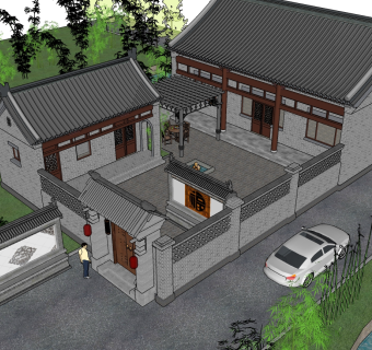 中式古建四合院大门门头su草图模型下载