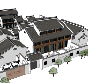 中式徽派建筑古建庭院四合院su草图模型下载