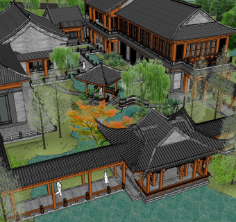 中式古建庭院大门，连廊凉亭，院墙，公园 (1)su草图模型下载