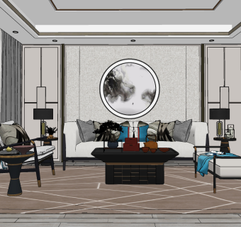 新中式客厅su草图模型下载