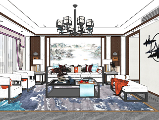 新中式客厅su草图模型下载