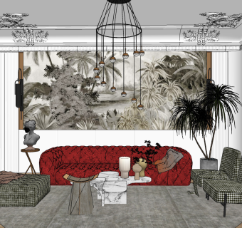 简欧，布艺皮革沙发su草图模型下载