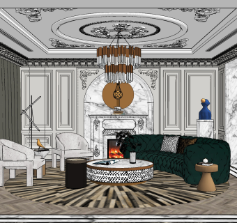 简欧客厅su草图模型下载