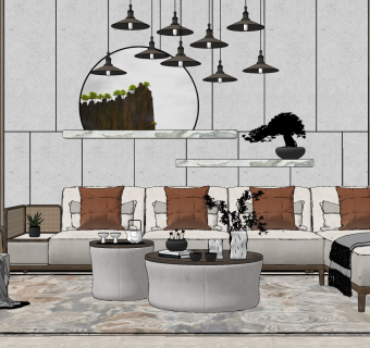 新中式皮革转角沙发,su草图模型下载