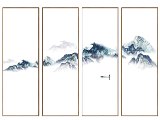 新中式山水装饰画，挂画su草图模型下载