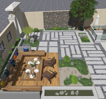 新中式庭院景观花园su草图模型下载