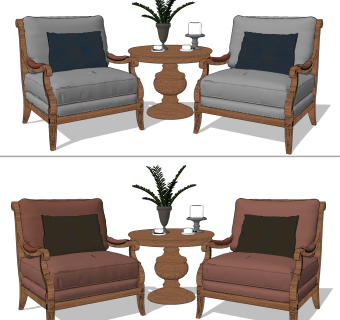 欧式单椅，休闲椅，椅子，圆形边几组合 su草图模型下载