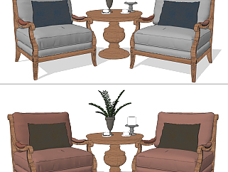 欧式单椅，休闲椅，椅子，圆形边几组合 su草图模型下载