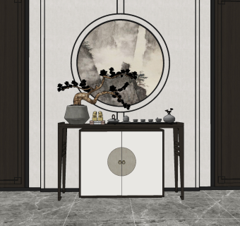 新中式玄关柜,餐边柜，摆件su草图模型下载