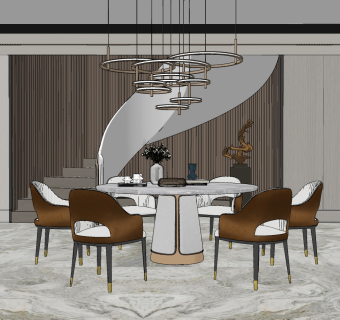 现代轻奢别墅餐厅su草图模型下载