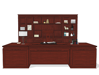 中式古典实木书柜,办公桌椅su草图模型下载