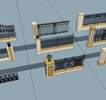 欧式铁艺栏杆大门，围墙su草图模型下载