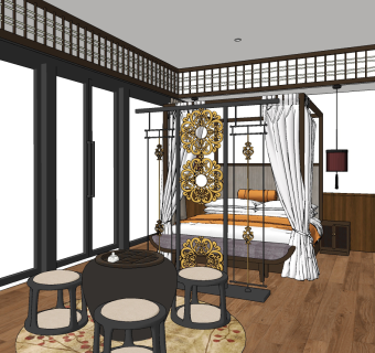 新中式酒店客房su草图模型下载