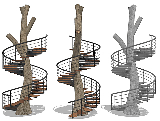 自然风树干旋转楼梯su草图模型下载