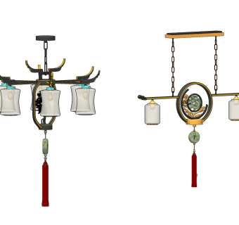 新中式流苏多头吊灯su草图模型下载