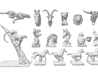 现代，猎豹，羊头，马头，骏马动物雕塑，挂件su草图模型下载
