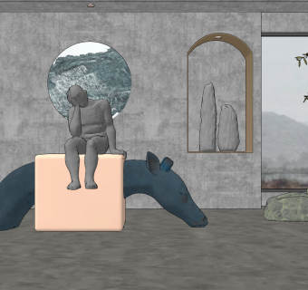 现代长颈鹿人物雕塑,墙饰,石头su草图模型下载