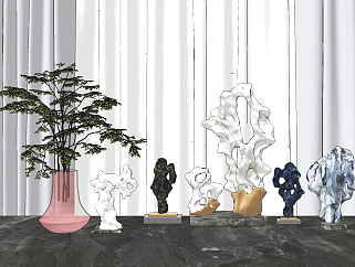 新中式珊瑚，<em>太湖石</em>雕塑绿植花瓶su草图模型下载