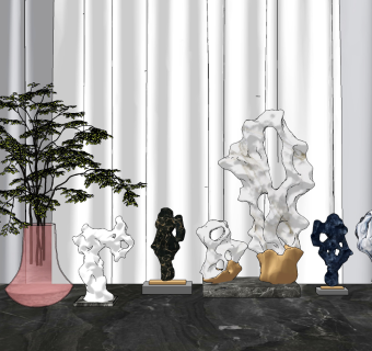 新中式珊瑚，太湖石雕塑绿植花瓶su草图模型下载