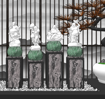 新中式布袋弥勒佛像雕塑摆台su草图模型下载