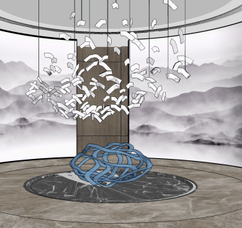 新中式艺术装置雕塑，水景，吊灯su草图模型下载