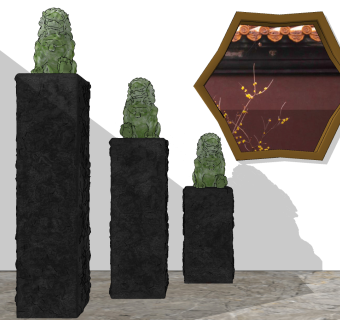 新中式玉石拴马桩，石狮子摆台摆件雕塑su草图模型下载